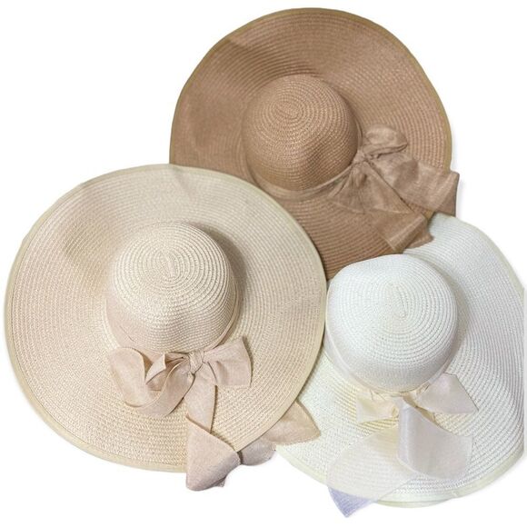 Ivory Extra Wide Brim Round Crown Chin Strap Linen Band and Trim Straw Hat - NEW